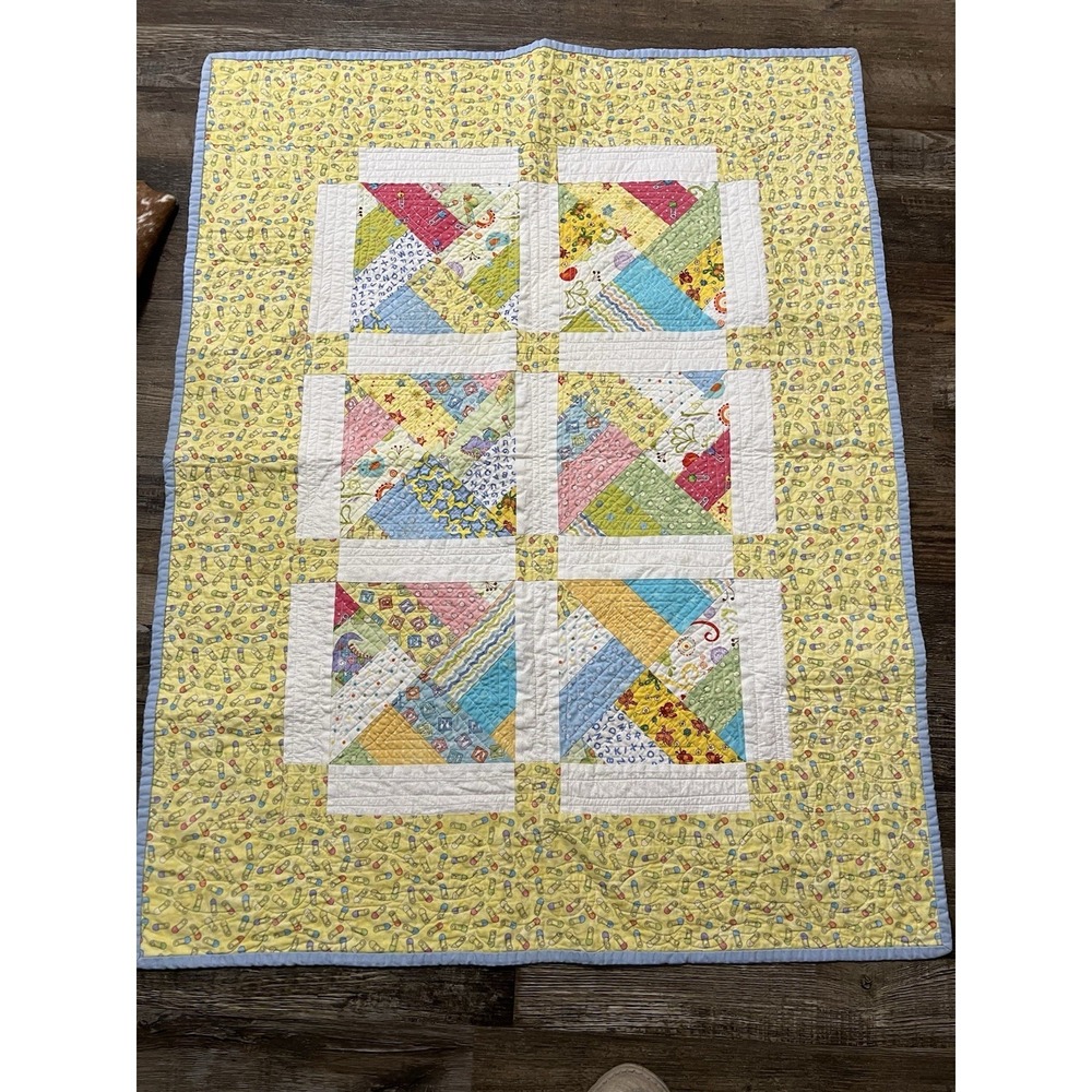 Handmade Yellow Patchwork Baby Quilt - Multicolor Accents
